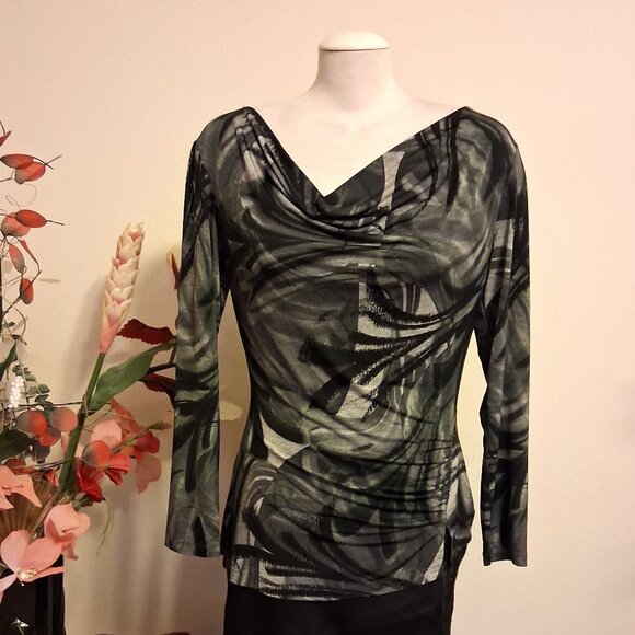NWT Robert Kitchen Women's Gray Black Printed Blouse Long Sleeve Top Size 10 M - Picture 1 of 8